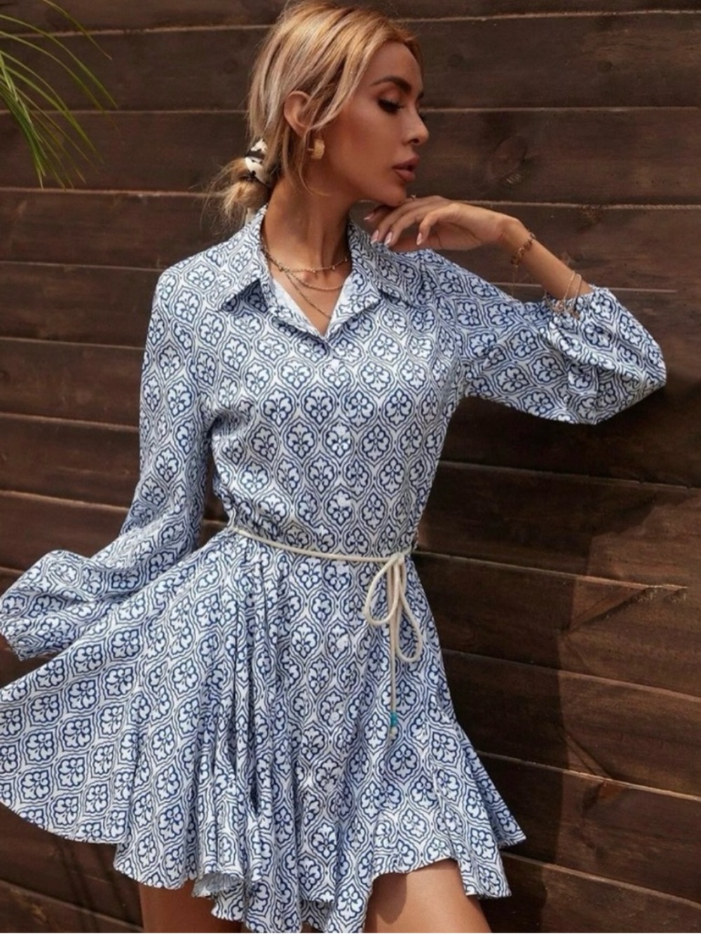 Zara Girly Medallion Print Ruffled Mini Shirt Dress Size S